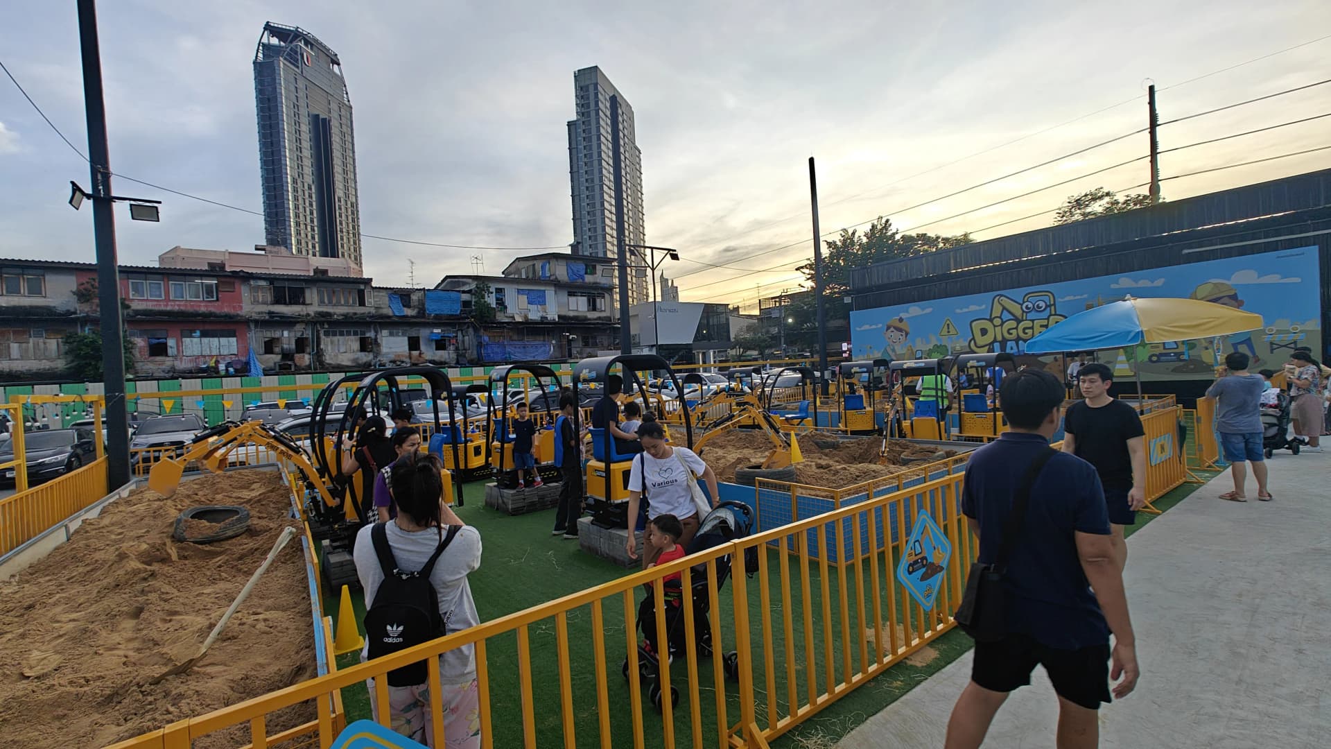 The flagship Diggerland pit at Chula 28 outdoor arena at sunset