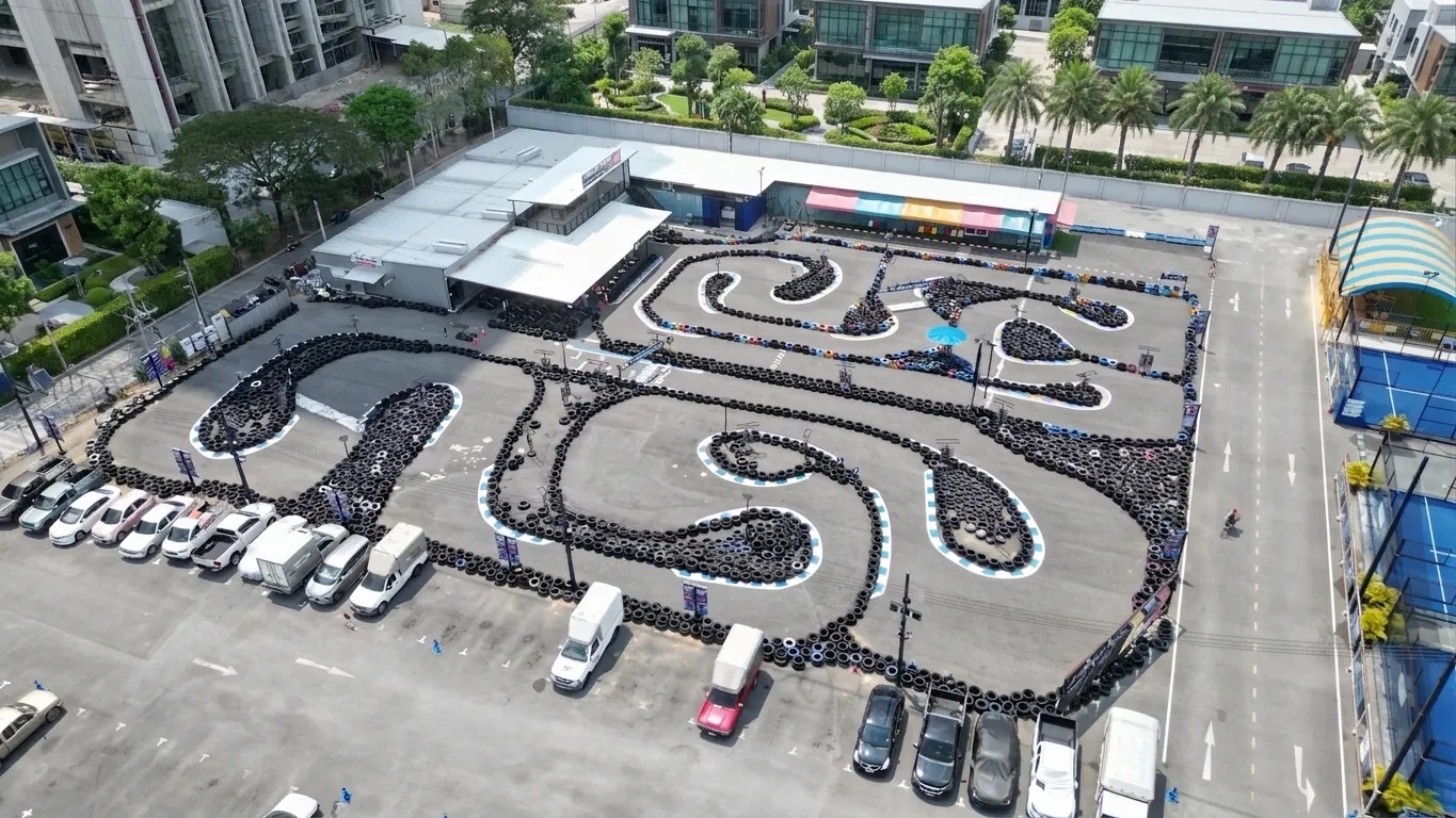 Aerial of the Chula 28 outdoor go-kart track and parking