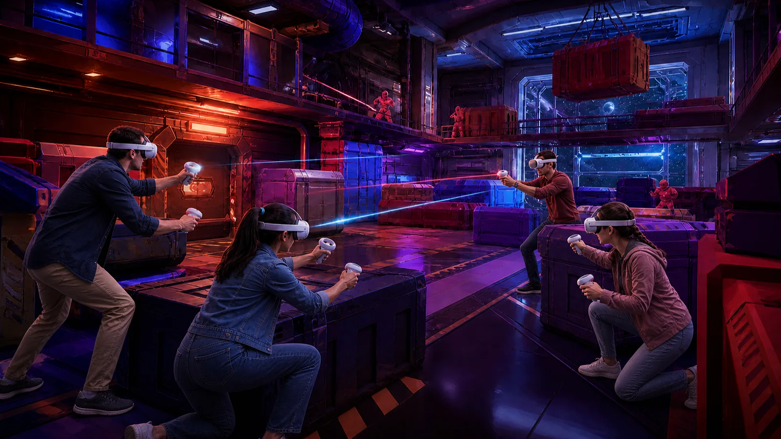 Four players moving freely in VR headsets across a sci-fi arena at Playerbox Headshot VR