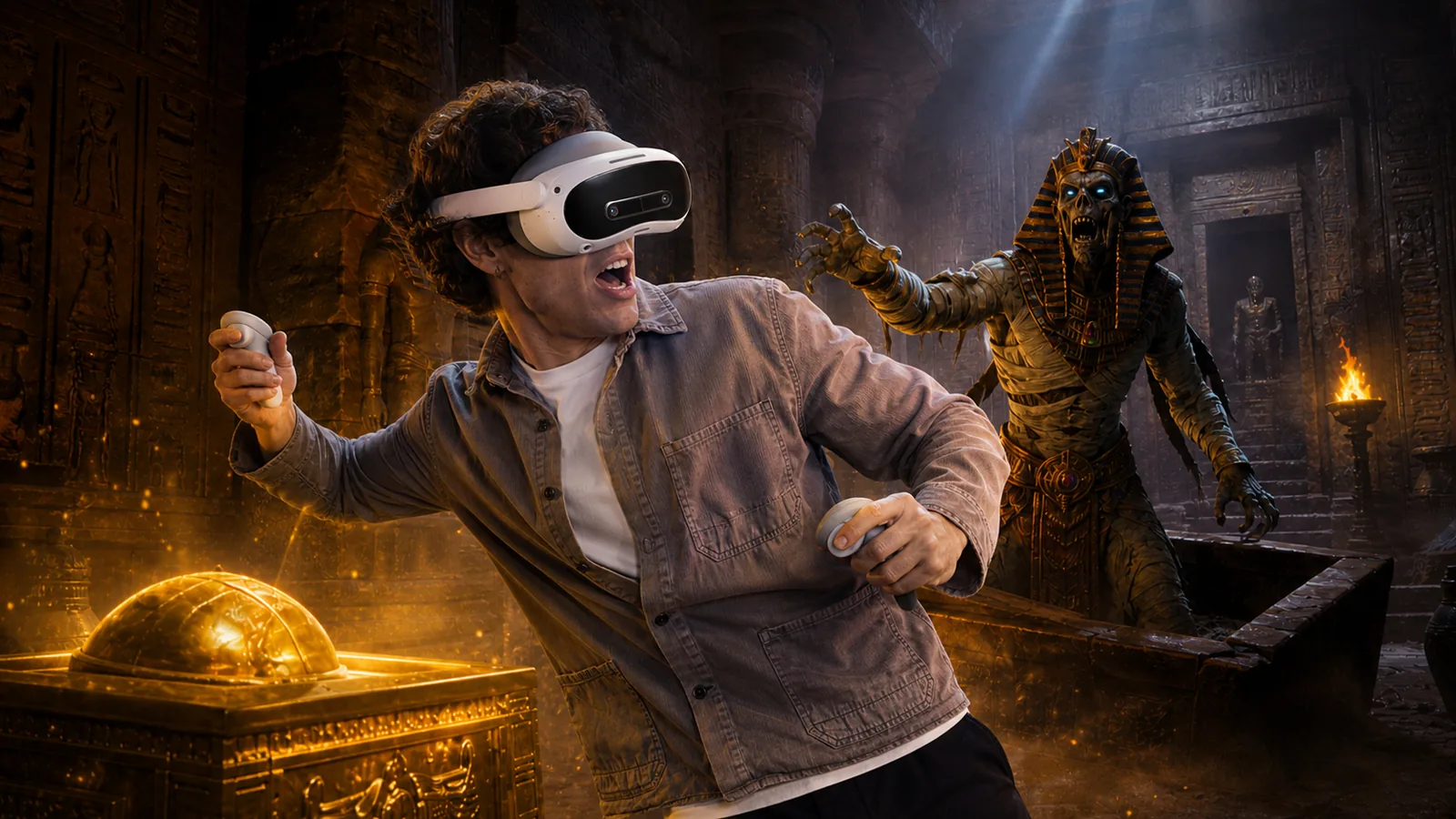 A player dodging the Mummy King inside an immersive tomb arena in Headshot VR